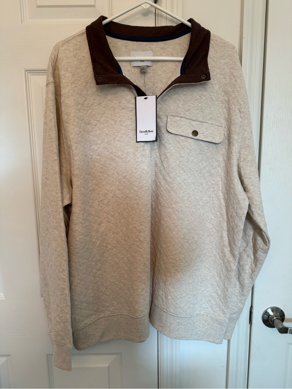 Goodfellow & Co Cream Quilted Pullover with Brown Stand Collar